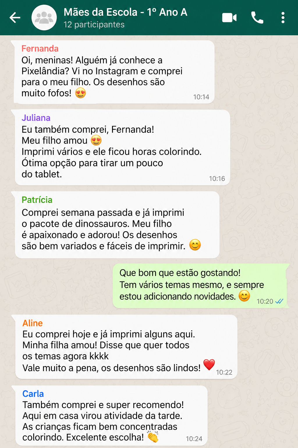 Depoimentos no grupo “Mães da Escola - 1º Ano A”