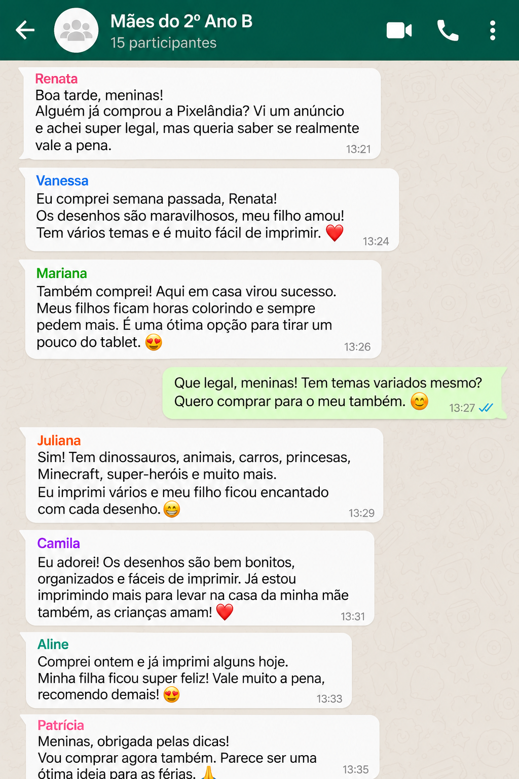 Conversa no grupo “Mães do 2º Ano B” elogiando a Pixelândia